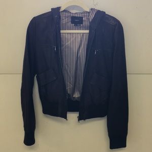 Indentify Brown Leather Zip Up Jacket with Hoodie